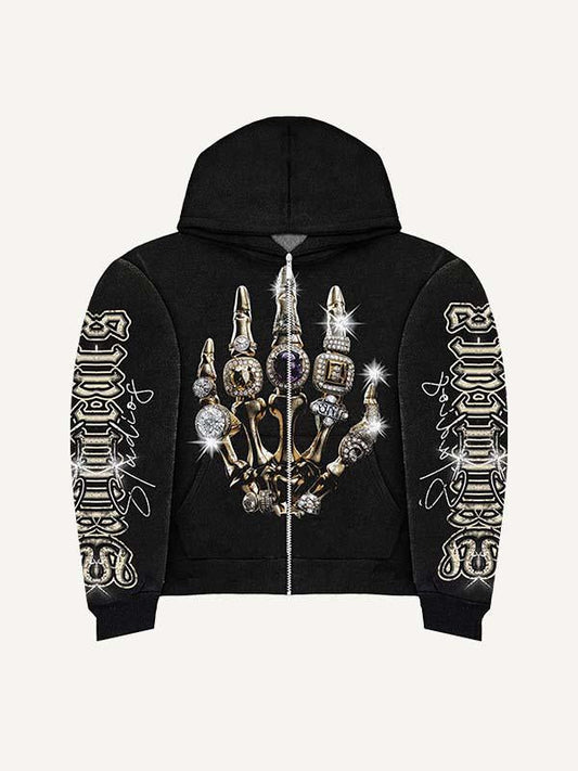 Skull&Palm&Letter Print Zip Up Hooded Coat
