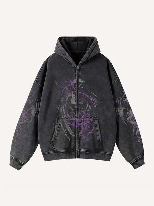 Angel&Skeleton Print Zip Up Hooded Coat