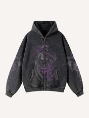Angel&Skeleton Print Zip Up Hooded Coat