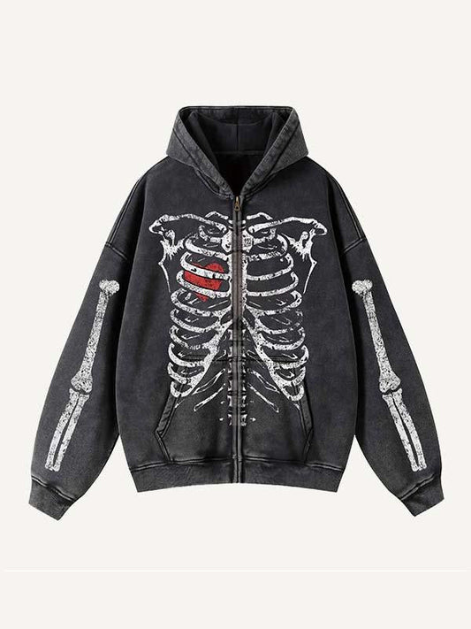 Skeleton&Heart&Wing Print Zip Up Slant Pockets Hooded Coat