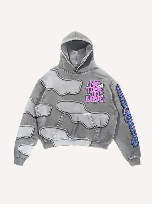 No Time To Love&Heart Faux Decal Print Slant Pockets Hoodie