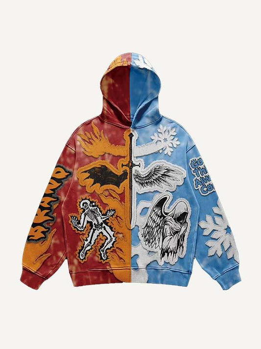Colorblock Half Angel Half Devil Figure&Wing&Skeleton&Fire&Snow&Sword&Cross&Letter Faux Decal Print Hoodie