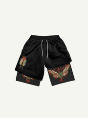 Fake Two Pieces Demon Fire Butterfly Print Drawstring Waist Shorts