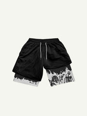 Fake Two Pieces Skeleton Print Drawstring Waist Shorts