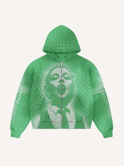 Figure Cross Faux Rhinestones Print Zip Up Hooded Coat