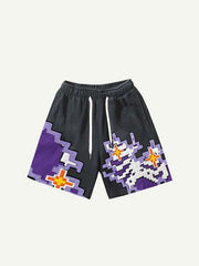 Colorblock Mosaic Skeleton Faux Decal Print Drawstring Waist Shorts
