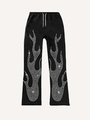 Fire Faux Rhinestones Print Elastic Waist Pants