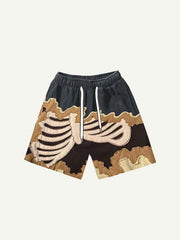 Colorblock Skeleton Faux Decal Print Drawstring Waist Shorts