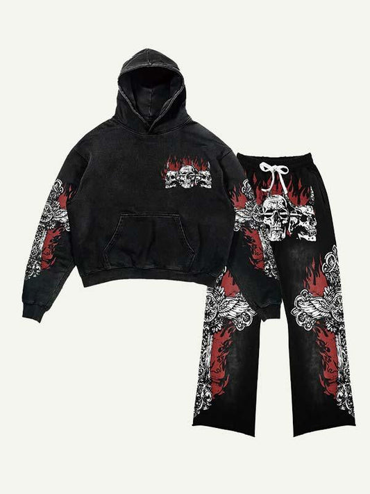 Demon Skull Cross Fire Print Elastic Waist Two-Piece Set