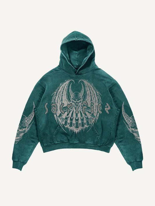 Demon&Wing&Letter Faux Decal Print Slant Pockets Hoodie