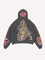 Skeleton Injection Medicine&Letter Faux Decal Print Slant Pockets Hoodie