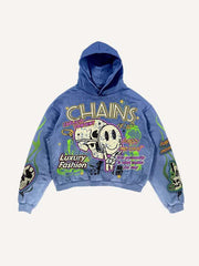 Skull Smiley Face Heart Letter Figure Faux Decal Print Slant Pockets Hoodie