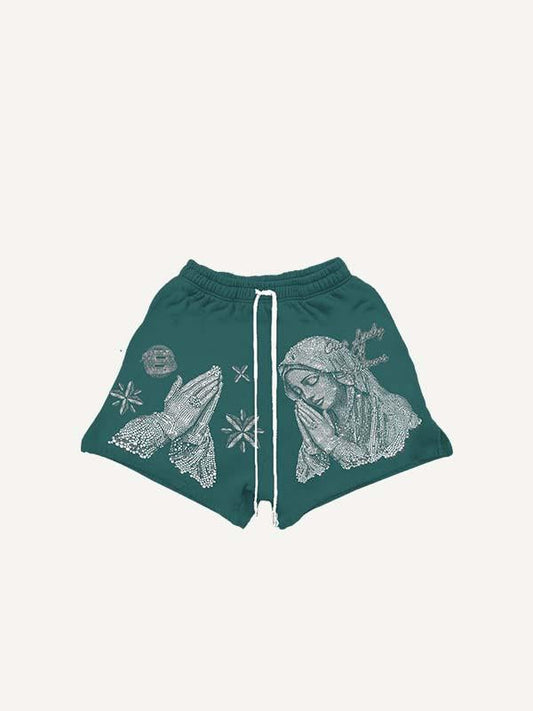 Mary&Letter Pray Faux Rhinestones Print Drawstring Waist Shorts