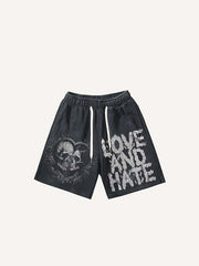 Skull&Heart Print Drawstring Waist Shorts
