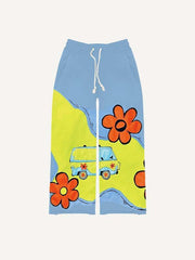 Colorblock Floral&Car&Letter Faux Decal Print Elastic Waist Pants