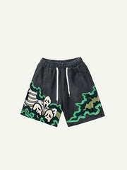 Colorblock Skull Faux Decal Print Drawstring Waist Shorts