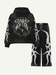 Demon Figure&Letter Graphic Print Elastic Waist Two-Piece Set