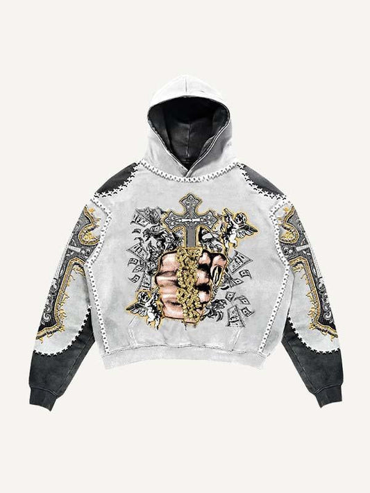 Colorblock Palm&Cross&Letter&Angel&Money Faux Decal Print Slant Pockets Hoodie