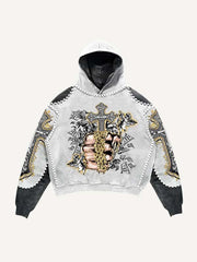 Colorblock Palm&Cross&Letter&Angel&Money Faux Decal Print Slant Pockets Hoodie