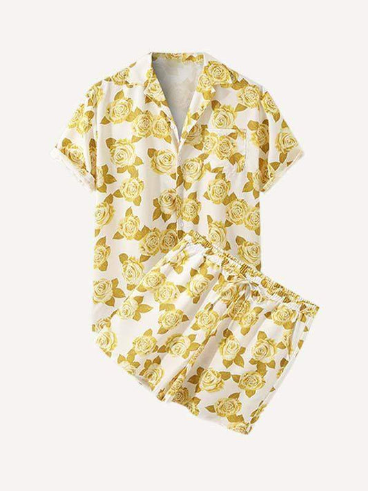 Hawaiian Floral Leaf Graphic Patch Pocket Drawstring Waist Two-Piece Set