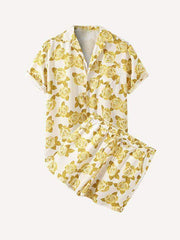 Hawaiian Floral Leaf Graphic Patch Pocket Drawstring Waist Two-Piece Set