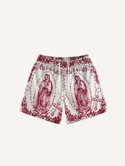 Mary&Floral Print Mesh Drawstring Waist Shorts