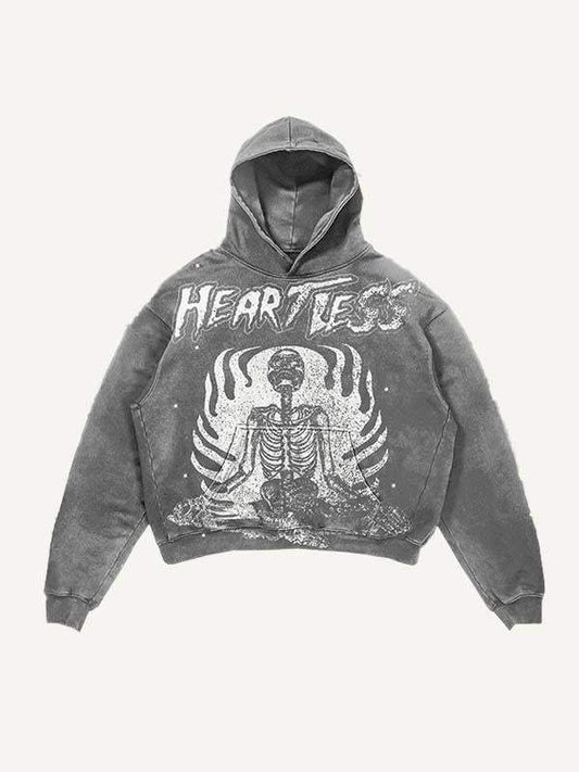 Heartless Skeleton Print Slant Pockets Hoodie