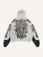 Colorblock Palm&Cross&Letter&Angel&Money Faux Decal Print Slant Pockets Hoodie