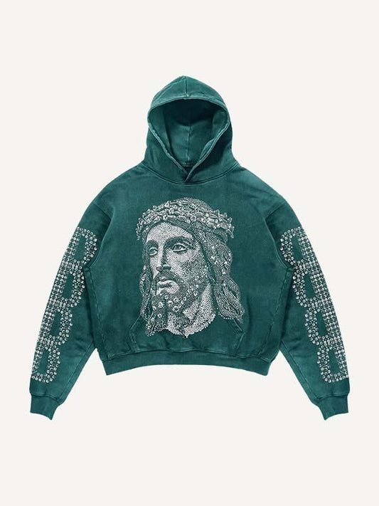 Jesus Letter Faux Rhinestones Print Slant Pockets Hoodie