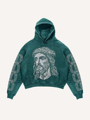 Jesus Letter Faux Rhinestones Print Slant Pockets Hoodie
