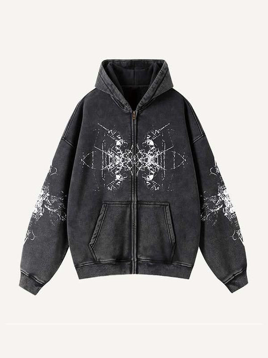 Skull&Cross Graphic Print Zip Up Slant Pockets Hooded Coat