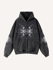 Skull&Cross Graphic Print Zip Up Slant Pockets Hooded Coat