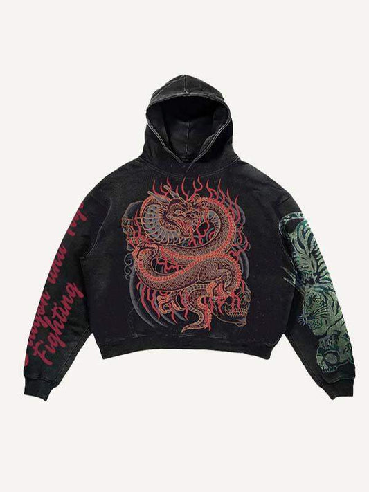 Dragon Tiger Skull Letter Print Slant Pockets Hoodie