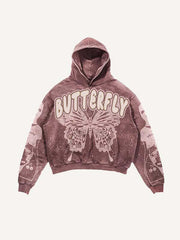 Hooded Figure&Letter&Butterfly Faux Decal Print Slant Pockets Hoodie