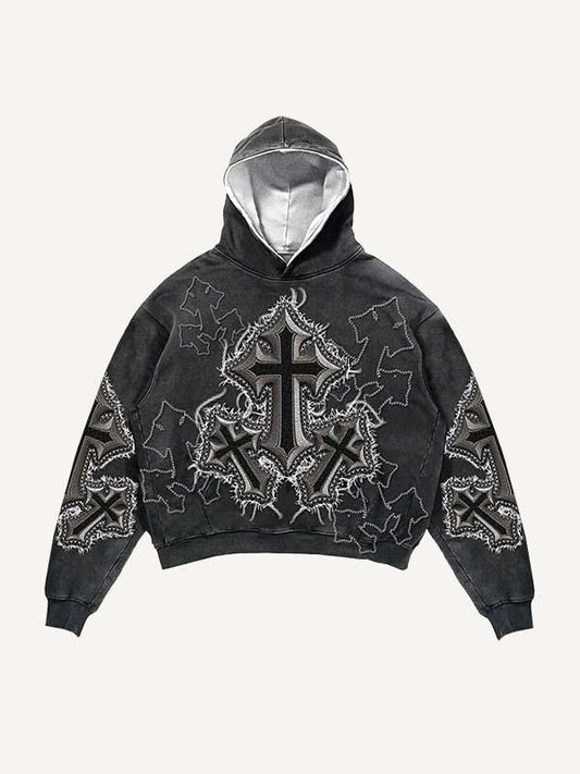 Cross&Angel&Wing&Letter Faux Decal Print Slant Pockets Hoodie
