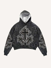 Cross&Angel&Wing&Letter Faux Decal Print Slant Pockets Hoodie