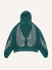 Demon&Wing&Letter Faux Decal Print Slant Pockets Hoodie
