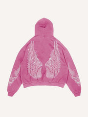 Demon&Wing&Letter Faux Decal Print Slant Pockets Hoodie