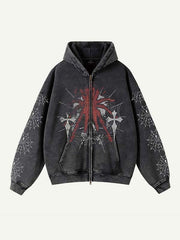 Spider&Letter Print Zip Up Slant Pockets Hooded Coat