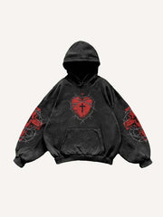 Cross&Heart Print Slant Pockets Hoodie