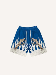 Colorblock Fire&Skull Palm Faux Decal Print Drawstring Waist Shorts