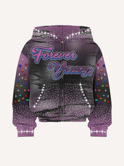 Colorblock Letter Graphic Faux Rhinestones Print Zip Up Hooded Coat