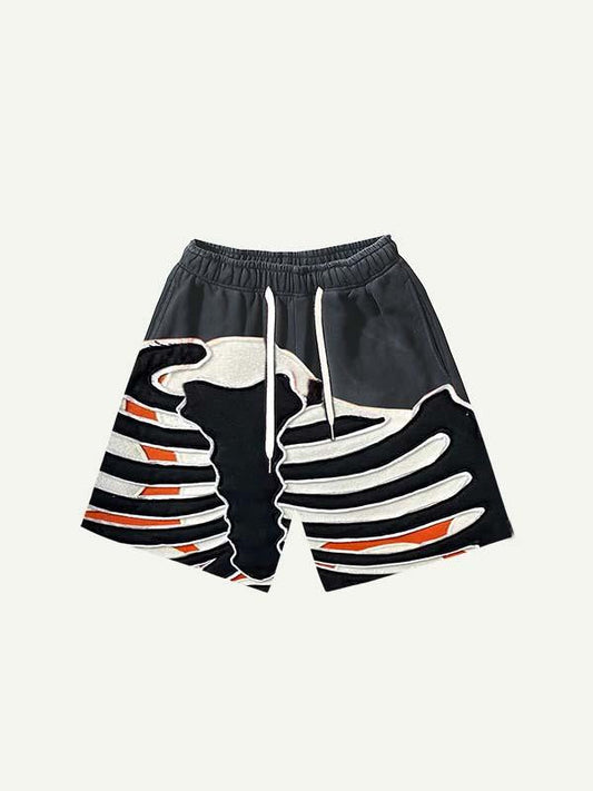 Colorblock Skeleton Faux Decal Print Drawstring Waist Shorts
