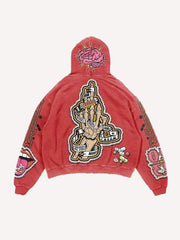 Skeleton Injection Medicine&Letter Faux Decal Print Slant Pockets Hoodie