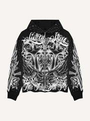 Fire Cross&Letter Print Zip Up Hooded Coat