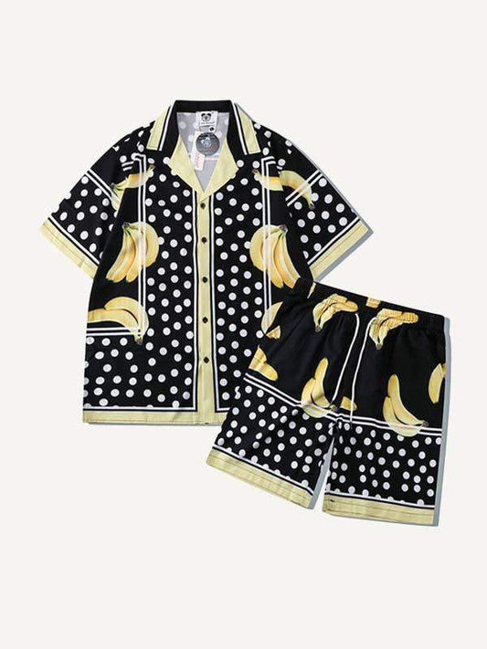 Zweiteiliges Set mit Farbblock-Bananen- und Streifengrafik und Kordelzug in der Taille