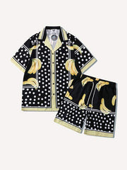 Colorblock Banana&Striped Graphic Drawstring Waist Two-Piece Set