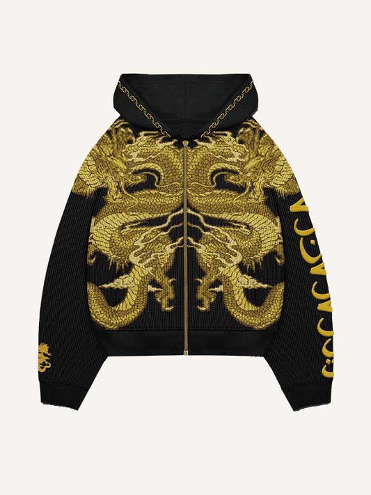 Dragon Print Zip Up Hooded Coat