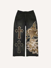 Ripped Angel&Cross&Floral Faux Rhinestones Print Elastic Waist Pants