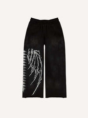 Skeleton&Wing Faux Rhinestones Print Elastic Waist Pants
